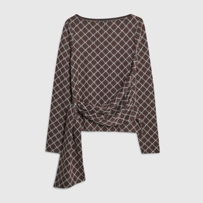 Brown Long Sleeve Geometric Drape Front Top