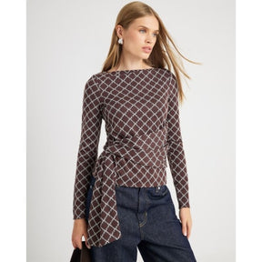 Brown Long Sleeve Geometric Drape Front Top