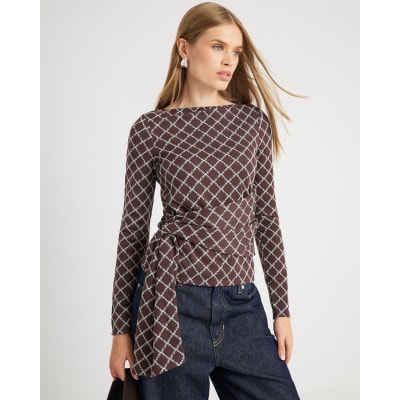 Brown Long Sleeve Geometric Drape Front Top