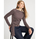 Brown Long Sleeve Geometric Drape Front Top