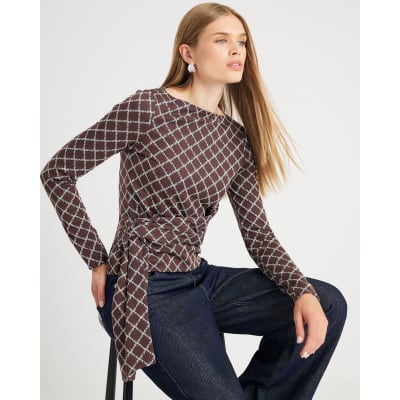 Brown Long Sleeve Geometric Drape Front Top