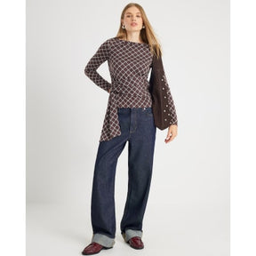 Brown Long Sleeve Geometric Drape Front Top