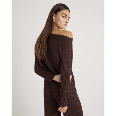 Brown Long Sleeve Glitter One Shoulder Top