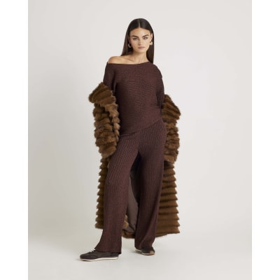 Brown Long Sleeve Glitter One Shoulder Top