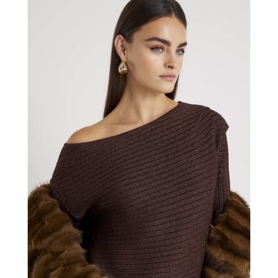 Brown Long Sleeve Glitter One Shoulder Top