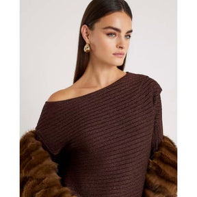 Brown Long Sleeve Glitter One Shoulder Top