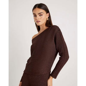 Brown Long Sleeve Glitter One Shoulder Top
