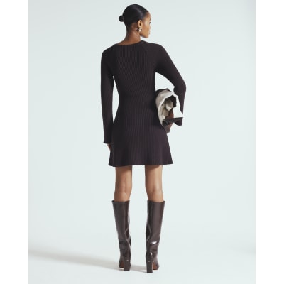 Brown Long Sleeve Knitted Mini Dress