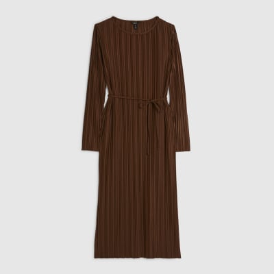 Brown Long Sleeve Plisse Belted Midi Dress