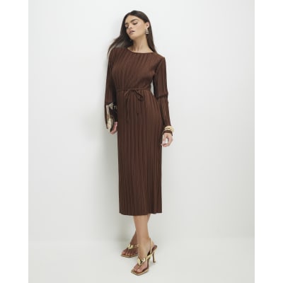 Brown Long Sleeve Plisse Belted Midi Dress