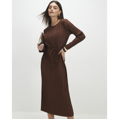 Brown Long Sleeve Plisse Belted Midi Dress