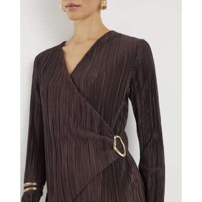 Brown Long Sleeve Plisse Wrap Top