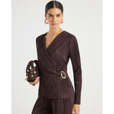 Brown Long Sleeve Plisse Wrap Top