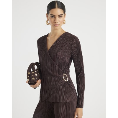 Brown Long Sleeve Plisse Wrap Top