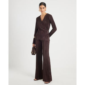 Brown Long Sleeve Plisse Wrap Top