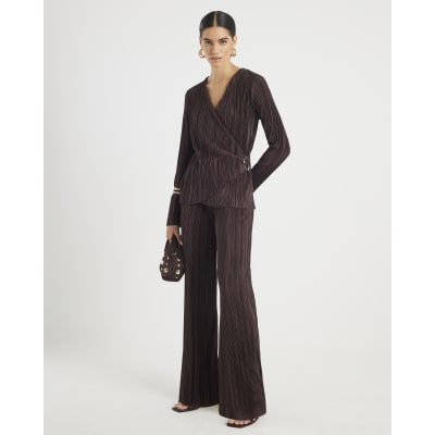 Brown Long Sleeve Plisse Wrap Top