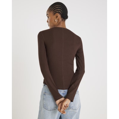 Brown Long Sleeve Ribbed Crew Neck Top