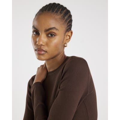 Brown Long Sleeve Ribbed Crew Neck Top