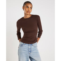 Brown Long Sleeve Ribbed Crew Neck Top