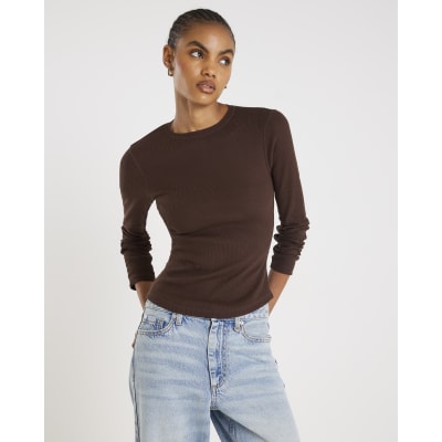 Brown Long Sleeve Ribbed Crew Neck Top
