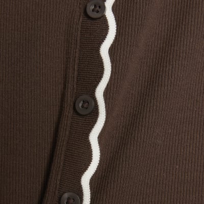 Brown Long Sleeve Scallop Trim Button Top