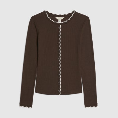 Brown Long Sleeve Scallop Trim Button Top