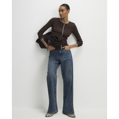 Brown Long Sleeve Scallop Trim Button Top