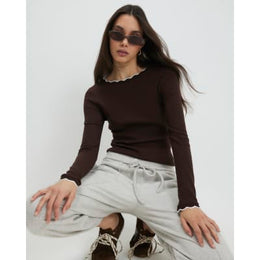 Brown Long Sleeve Scallop Trim Top