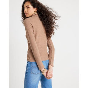 Brown Long Sleeve Scarf Neck Ribbed Top