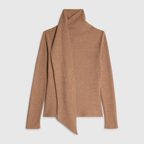 Brown Long Sleeve Scarf Neck Ribbed Top