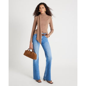 Brown Long Sleeve Scarf Neck Ribbed Top