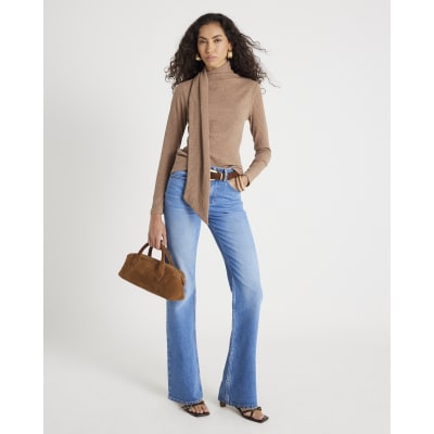 Brown Long Sleeve Scarf Neck Ribbed Top