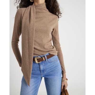 Brown Long Sleeve Scarf Neck Ribbed Top