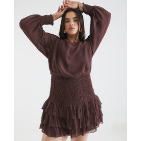 Brown Long Sleeve Smocked Mini Dress