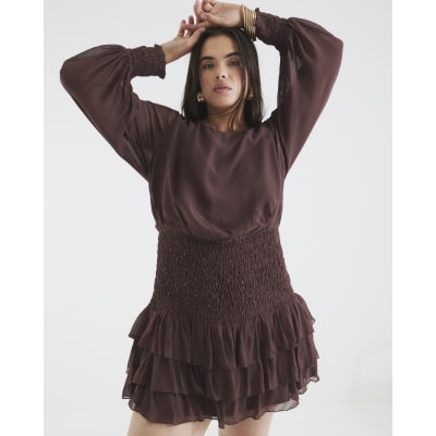 Brown Long Sleeve Smocked Mini Dress