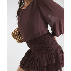 Brown Long Sleeve Smocked Mini Dress