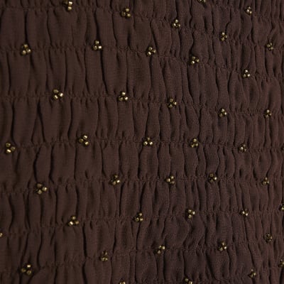 Brown Long Sleeve Smocked Mini Dress