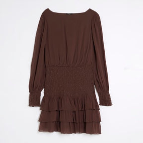 Brown Long Sleeve Smocked Mini Dress