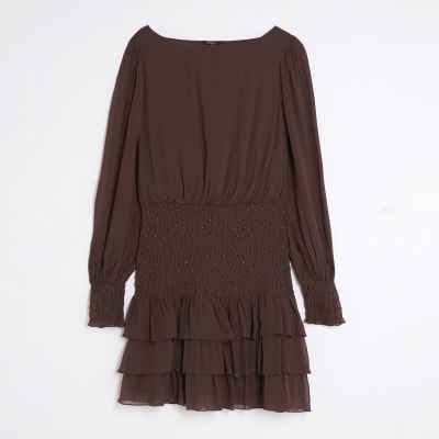Brown Long Sleeve Smocked Mini Dress