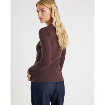 Brown Long Sleeve Textured Trim Hem Top