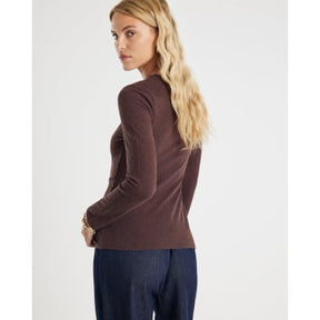 Brown Long Sleeve Textured Trim Hem Top