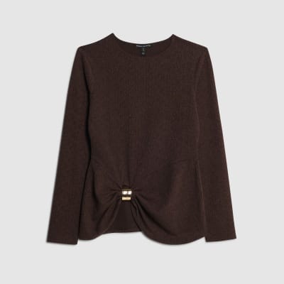 Brown Long Sleeve Textured Trim Hem Top