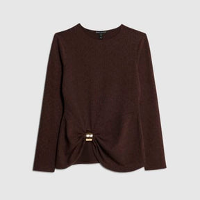 Brown Long Sleeve Textured Trim Hem Top