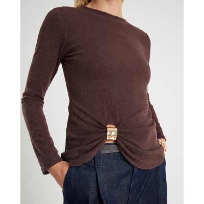 Brown Long Sleeve Textured Trim Hem Top