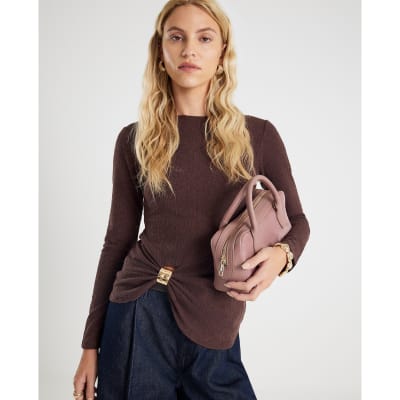 Brown Long Sleeve Textured Trim Hem Top