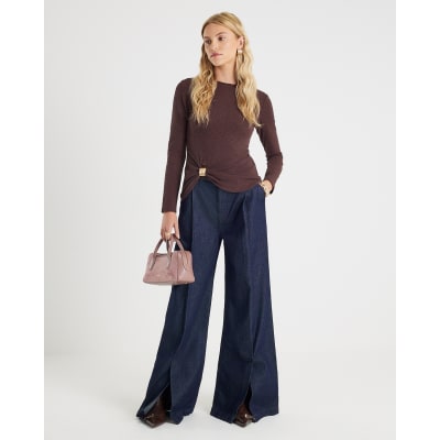 Brown Long Sleeve Textured Trim Hem Top