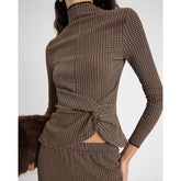 Brown Long Sleeve Twist Side Check Top