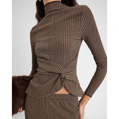 Brown Long Sleeve Twist Side Check Top