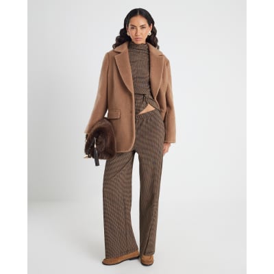 Brown Long Sleeve Twist Side Check Top