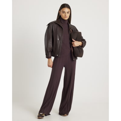 Brown Long Sleeve Wide Ribbed Top